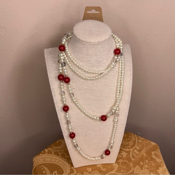LAYERED BEADED NECKLACE RED IVORY WHITE 30” VINTAGE RETRO - Picture 9 of 9